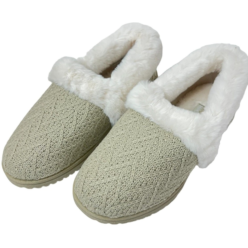 Skechers Slippers Cozy Lite Sparkle Knit Sweet Walk Natural 7W Beige Fur NWOB